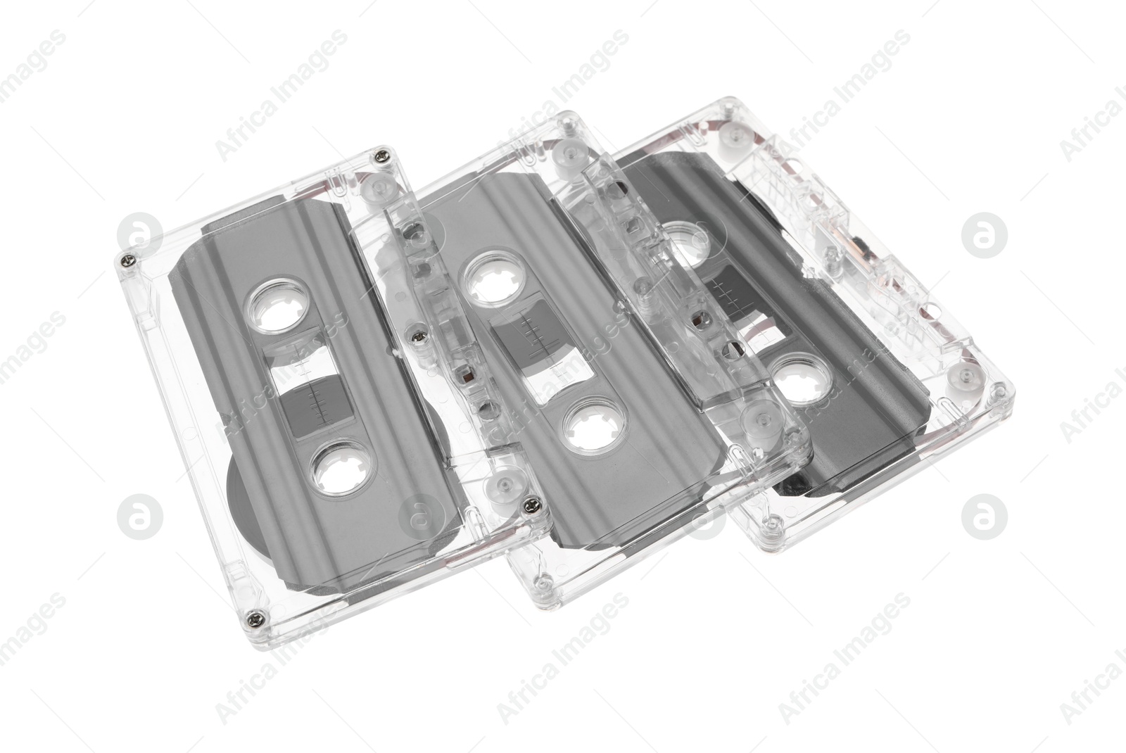 Audio cassettes with magnetic tapes isolated on white Photo of Audio cassettes with magnetic tapes isolated on white