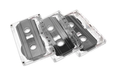 Photo of Audio cassettes with magnetic tapes isolated on white