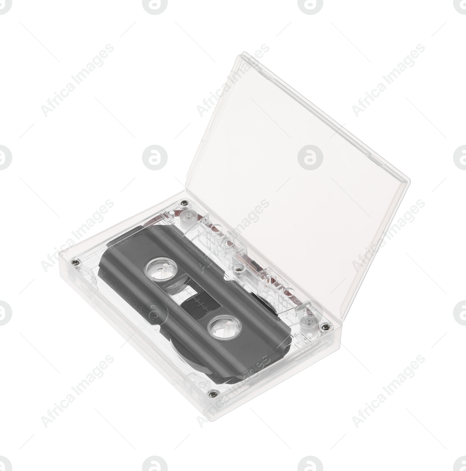 Audio cassette in open box isolated on white Photo of Audio cassette in open box isolated on white
