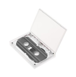 Photo of Audio cassette in open box isolated on white