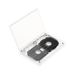 Photo of Audio cassette in open box isolated on white