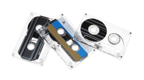 Photo of Audio cassettes with magnetic tapes isolated on white