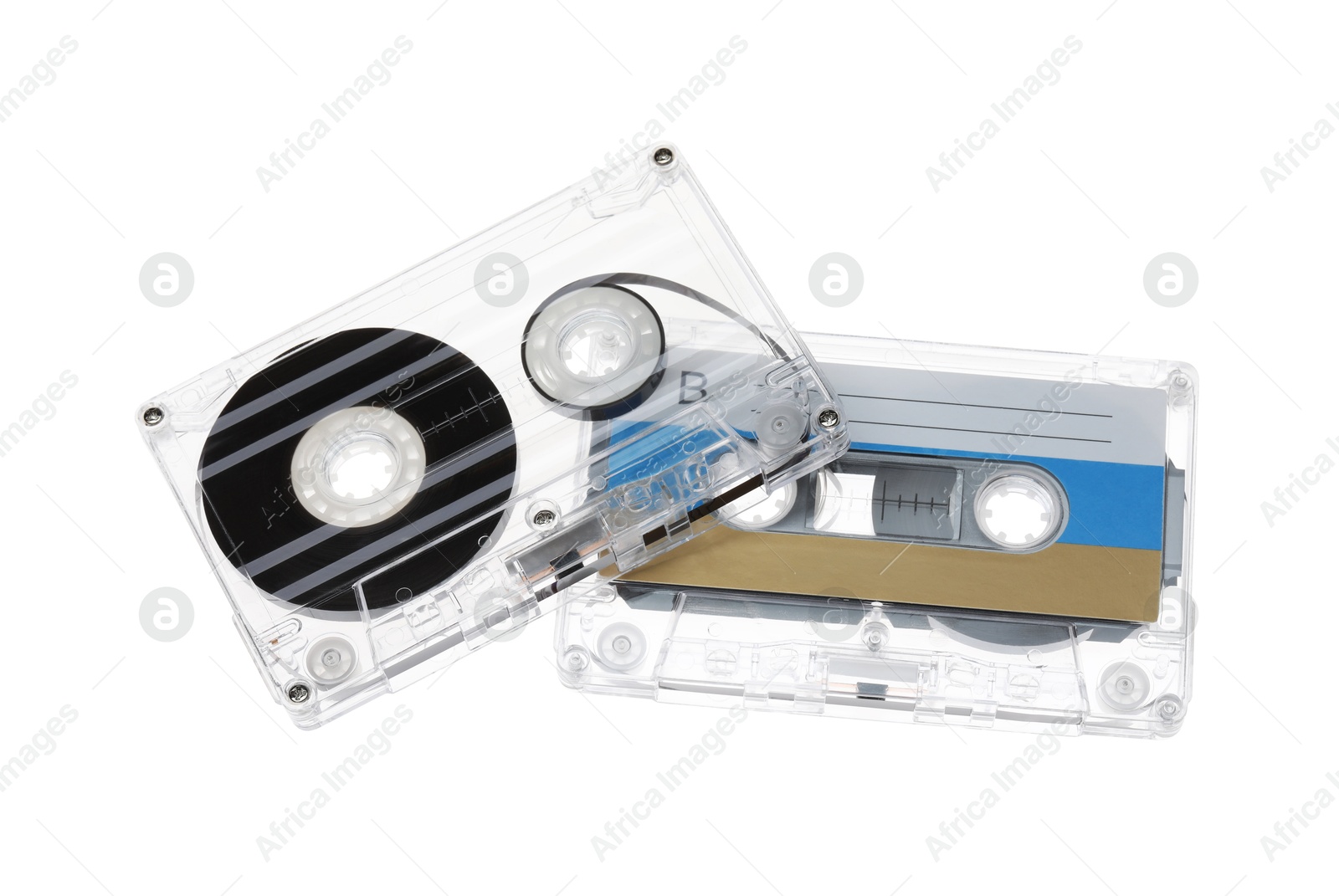 Audio cassettes with magnetic tapes isolated on white Photo of Audio cassettes with magnetic tapes isolated on white