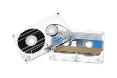 Photo of Audio cassettes with magnetic tapes isolated on white