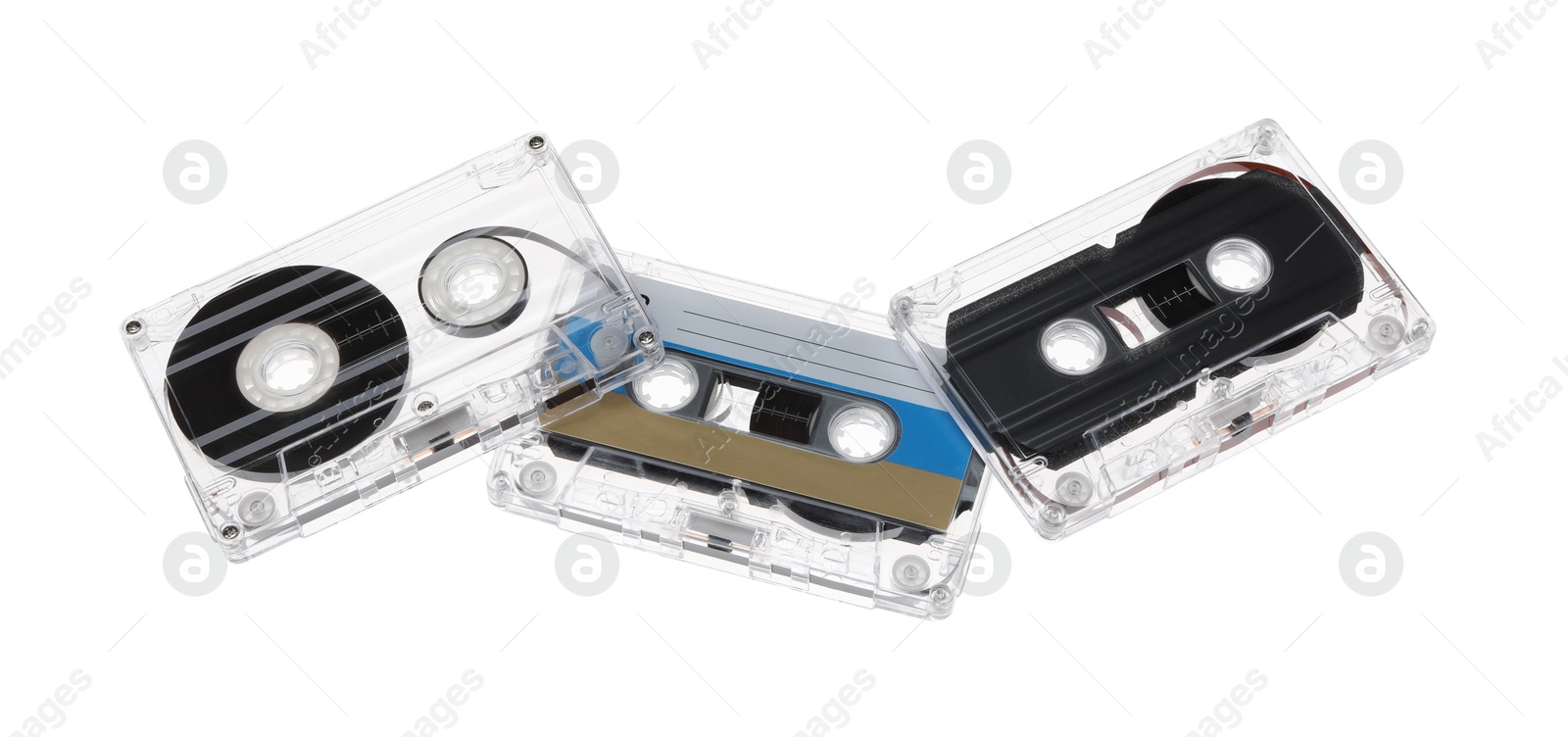 Audio cassettes with magnetic tapes isolated on white Photo of Audio cassettes with magnetic tapes isolated on white