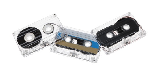 Photo of Audio cassettes with magnetic tapes isolated on white