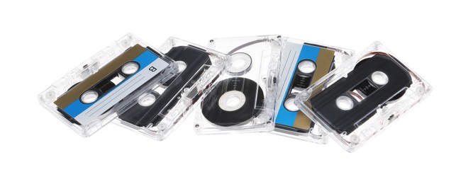 Photo of Audio cassettes with magnetic tapes isolated on white