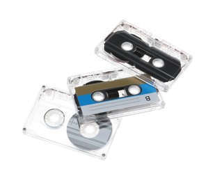 Photo of Audio cassettes with magnetic tapes isolated on white