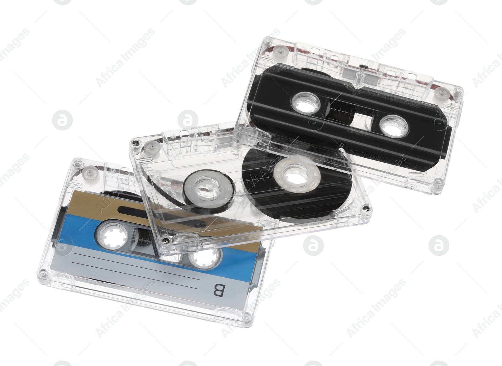 Audio cassettes with magnetic tapes isolated on white Photo of Audio cassettes with magnetic tapes isolated on white