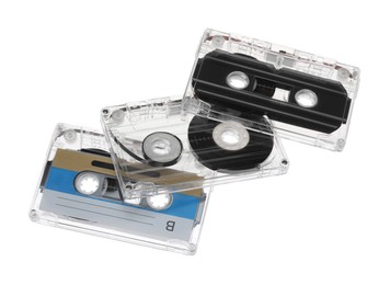 Photo of Audio cassettes with magnetic tapes isolated on white