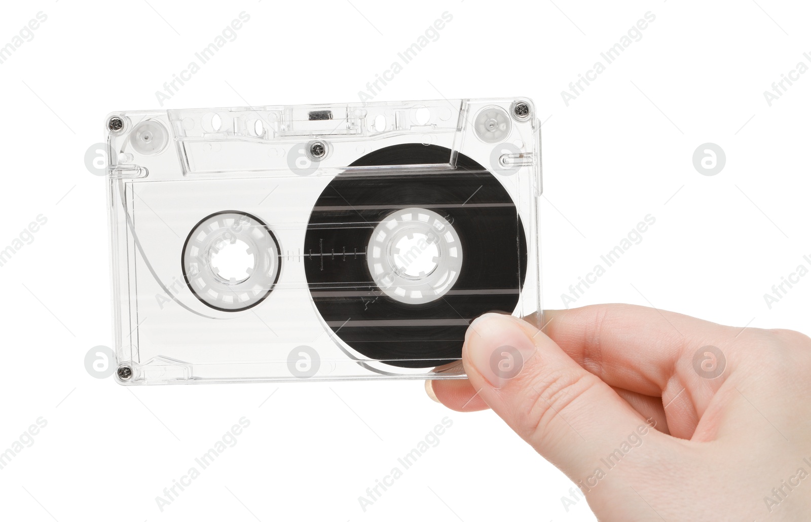Woman with audio cassette on white background, closeup Photo of Woman with audio cassette on white background, closeup
