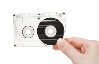 Photo of Woman with audio cassette on white background, closeup