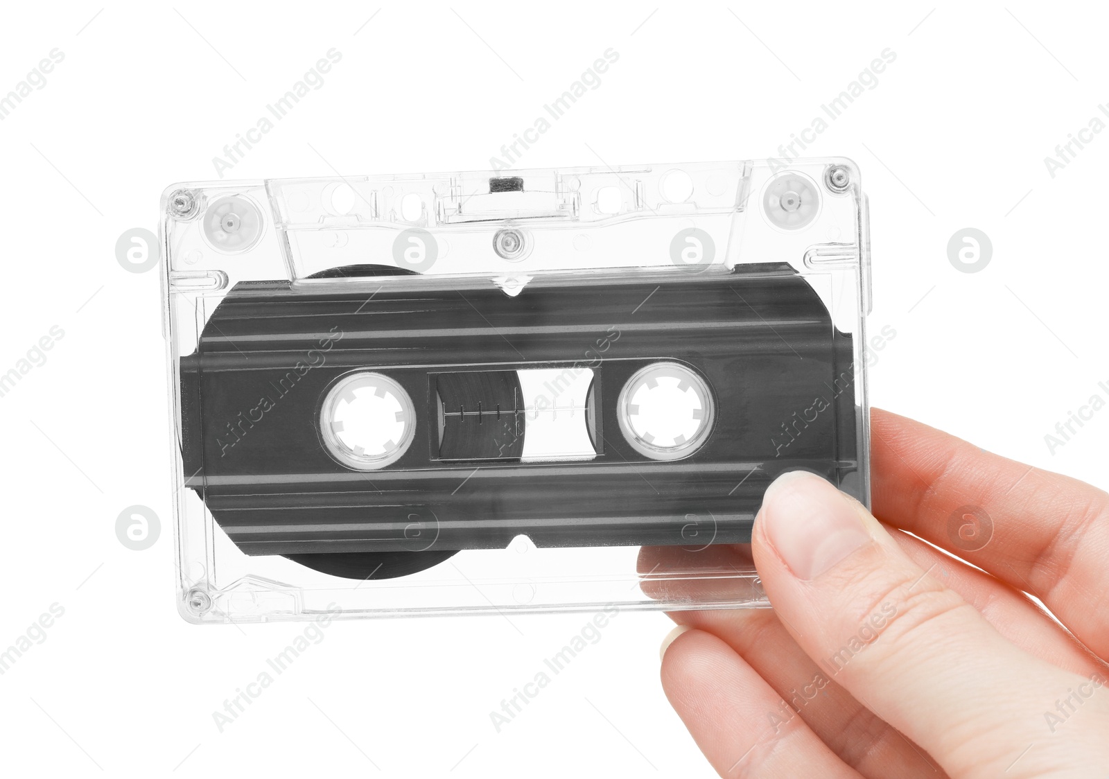 Woman with audio cassette on white background, closeup Photo of Woman with audio cassette on white background, closeup