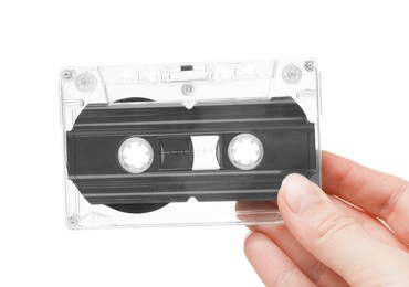 Photo of Woman with audio cassette on white background, closeup