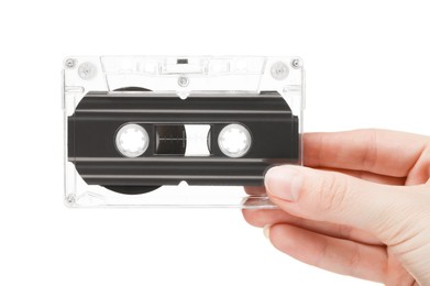 Photo of Woman with audio cassette on white background, closeup