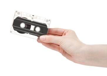 Photo of Woman with audio cassette on white background, closeup