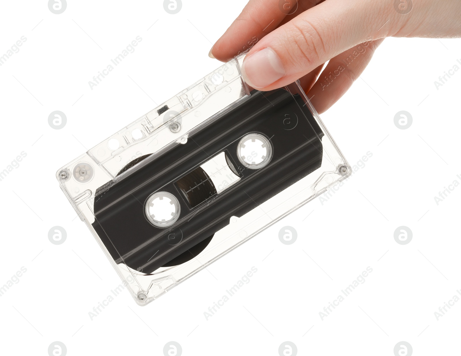 Woman with audio cassette on white background, closeup Photo of Woman with audio cassette on white background, closeup