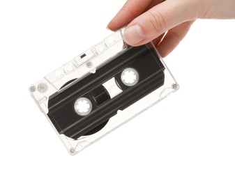 Photo of Woman with audio cassette on white background, closeup