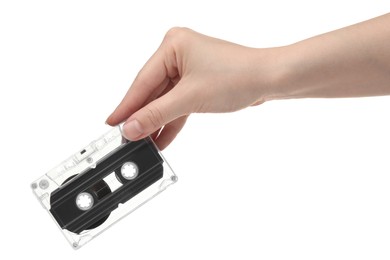 Photo of Woman with audio cassette on white background, closeup