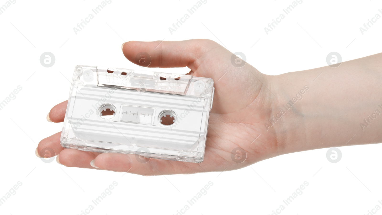 Woman with audio cassette on white background, closeup Photo of Woman with audio cassette on white background, closeup