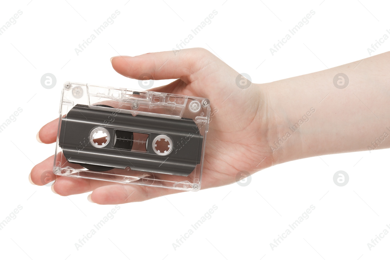 Woman with audio cassette on white background, closeup Photo of Woman with audio cassette on white background, closeup