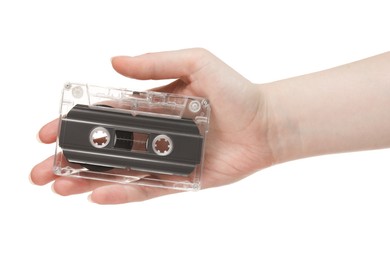 Photo of Woman with audio cassette on white background, closeup