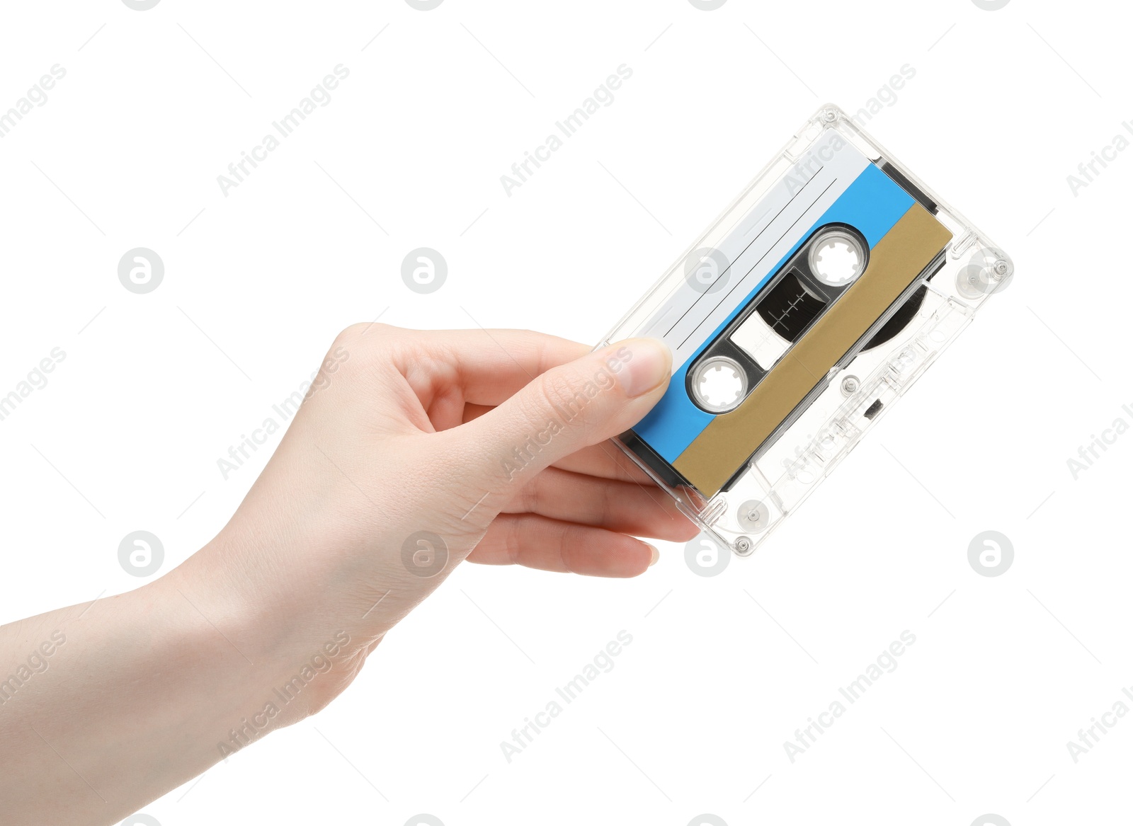 Woman holding audio cassette with blank label on white background, closeup Photo of Woman holding audio cassette with blank label on white background, closeup