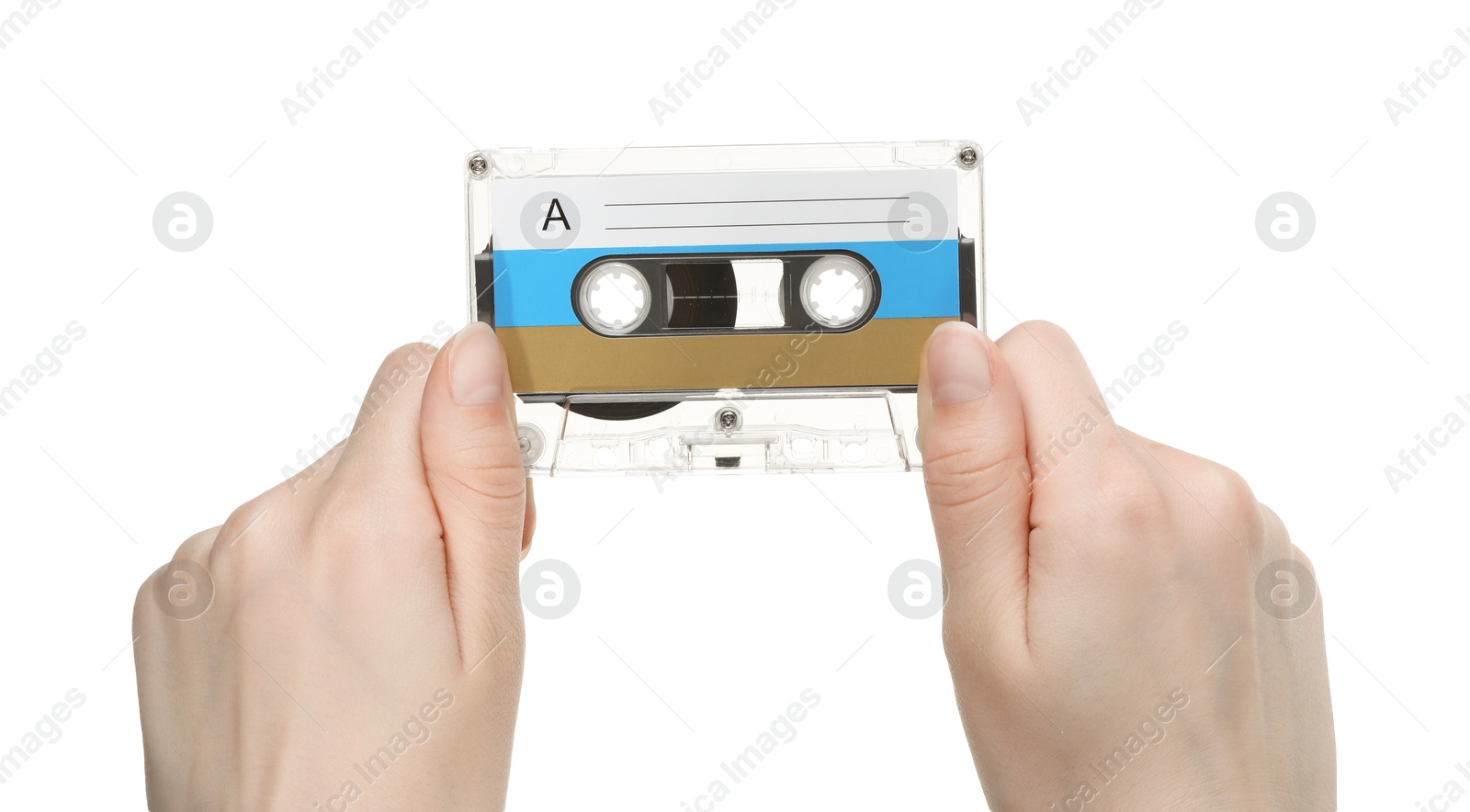 Woman holding audio cassette with blank label on white background, closeup Photo of Woman holding audio cassette with blank label on white background, closeup