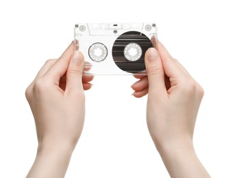Photo of Woman with audio cassette on white background, closeup