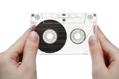 Photo of Woman with audio cassette on white background, closeup