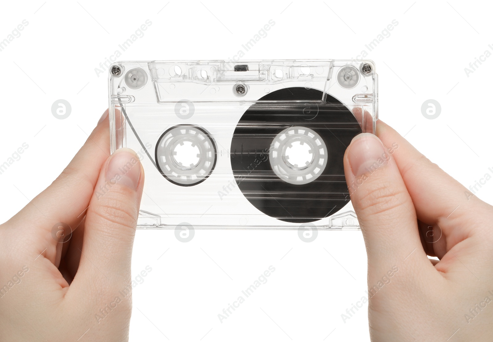 Woman with audio cassette on white background, closeup Photo of Woman with audio cassette on white background, closeup