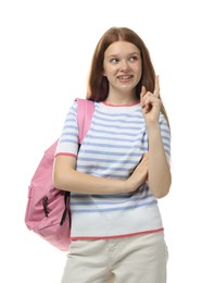 Photo of Teenage girl with backpack on white background