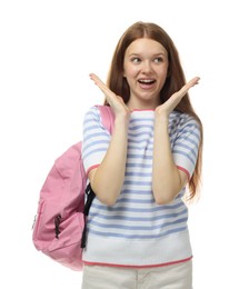 Photo of Emotional teenage girl with backpack on white background