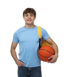 Photo of Teenage boy with basketball on white background
