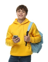 Photo of Teenage boy with smartphone and backpack on white background