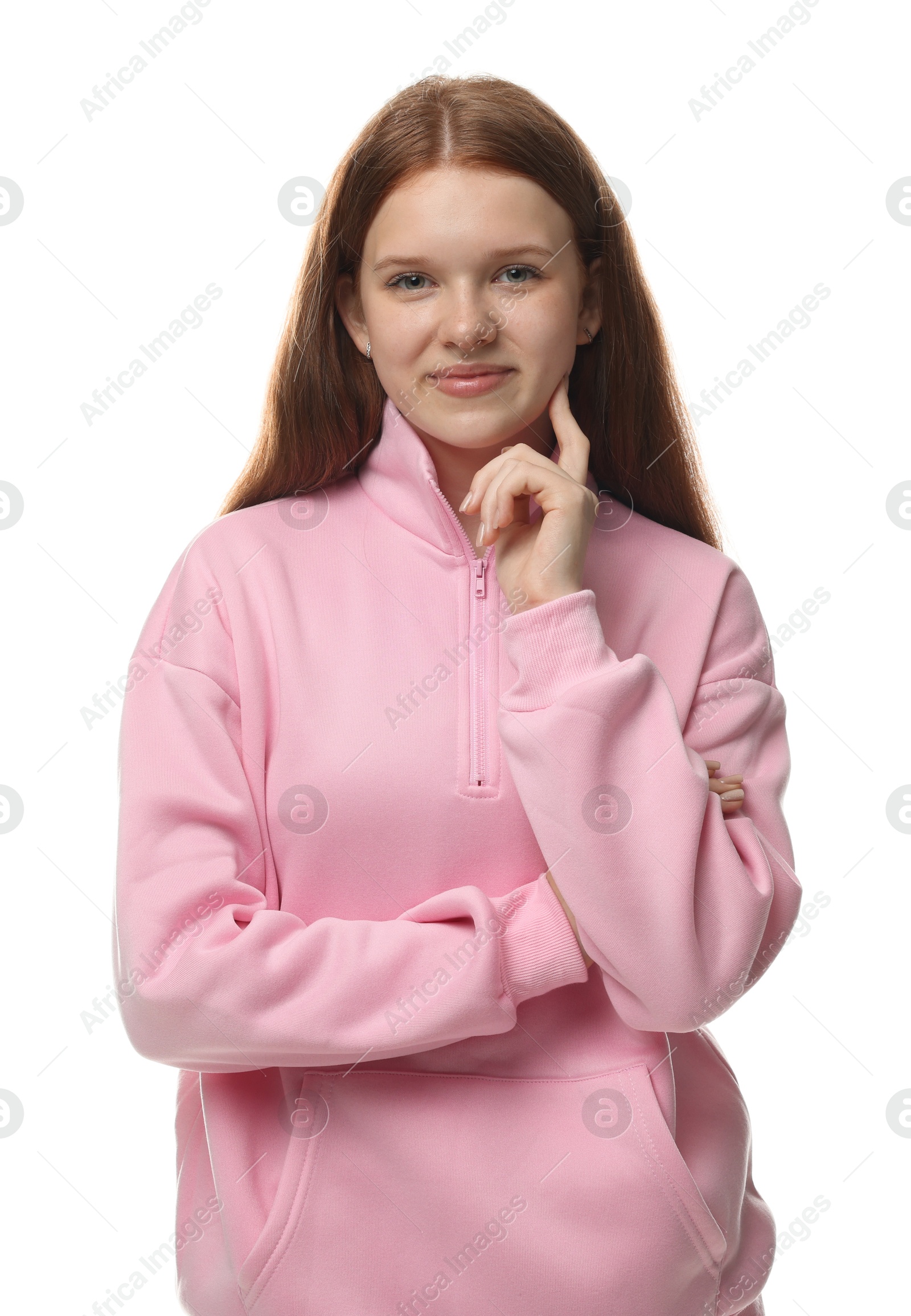 Photo of Happy teenage girl posing on white background
