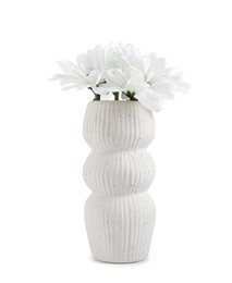 Photo of Beautiful chrysanthemums in ceramic vase isolated on white