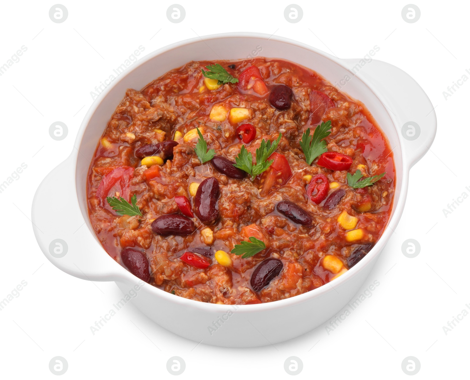 Tasty chili con carne in bowl isolated on white Photo of Tasty chili con carne in bowl isolated on white