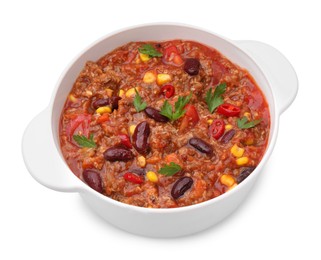 Photo of Tasty chili con carne in bowl isolated on white