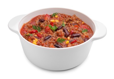 Photo of Tasty chili con carne in bowl isolated on white