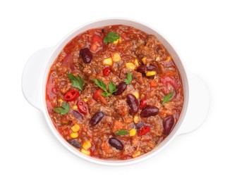 Photo of Tasty chili con carne in bowl isolated on white, top view