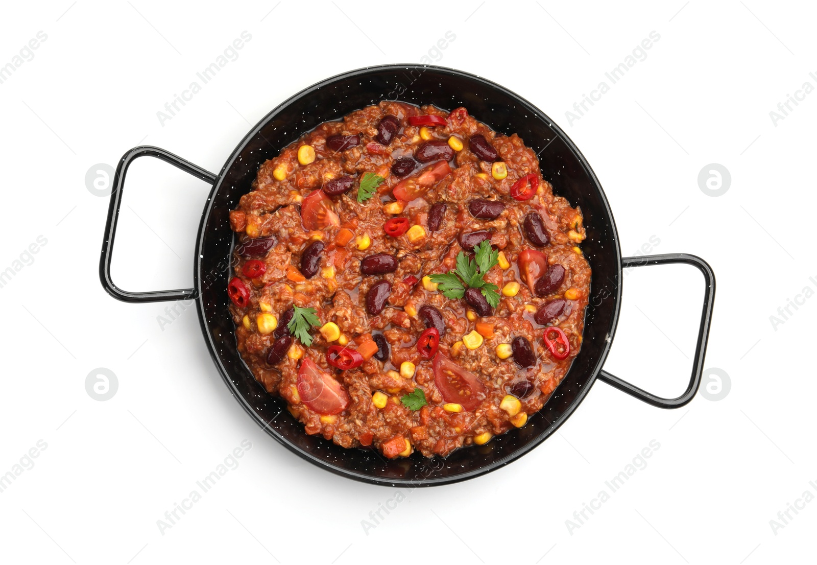 Tasty chili con carne in baking dish isolated on white, top view Photo of Tasty chili con carne in baking dish isolated on white, top view