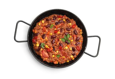 Photo of Tasty chili con carne in baking dish isolated on white, top view