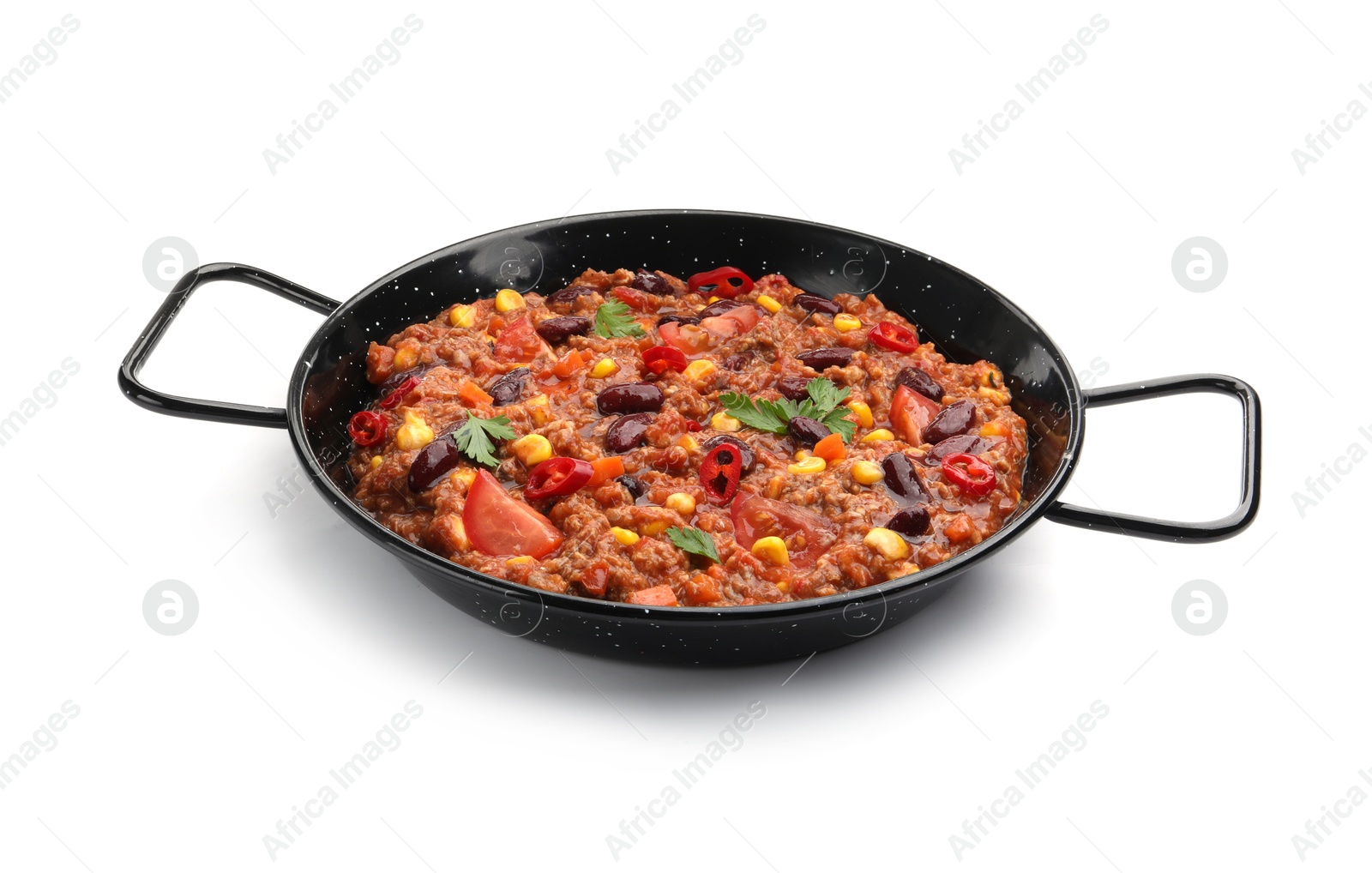 Tasty chili con carne in baking dish isolated on white Photo of Tasty chili con carne in baking dish isolated on white