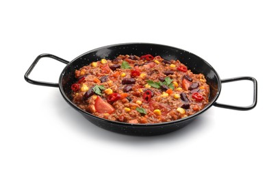 Photo of Tasty chili con carne in baking dish isolated on white
