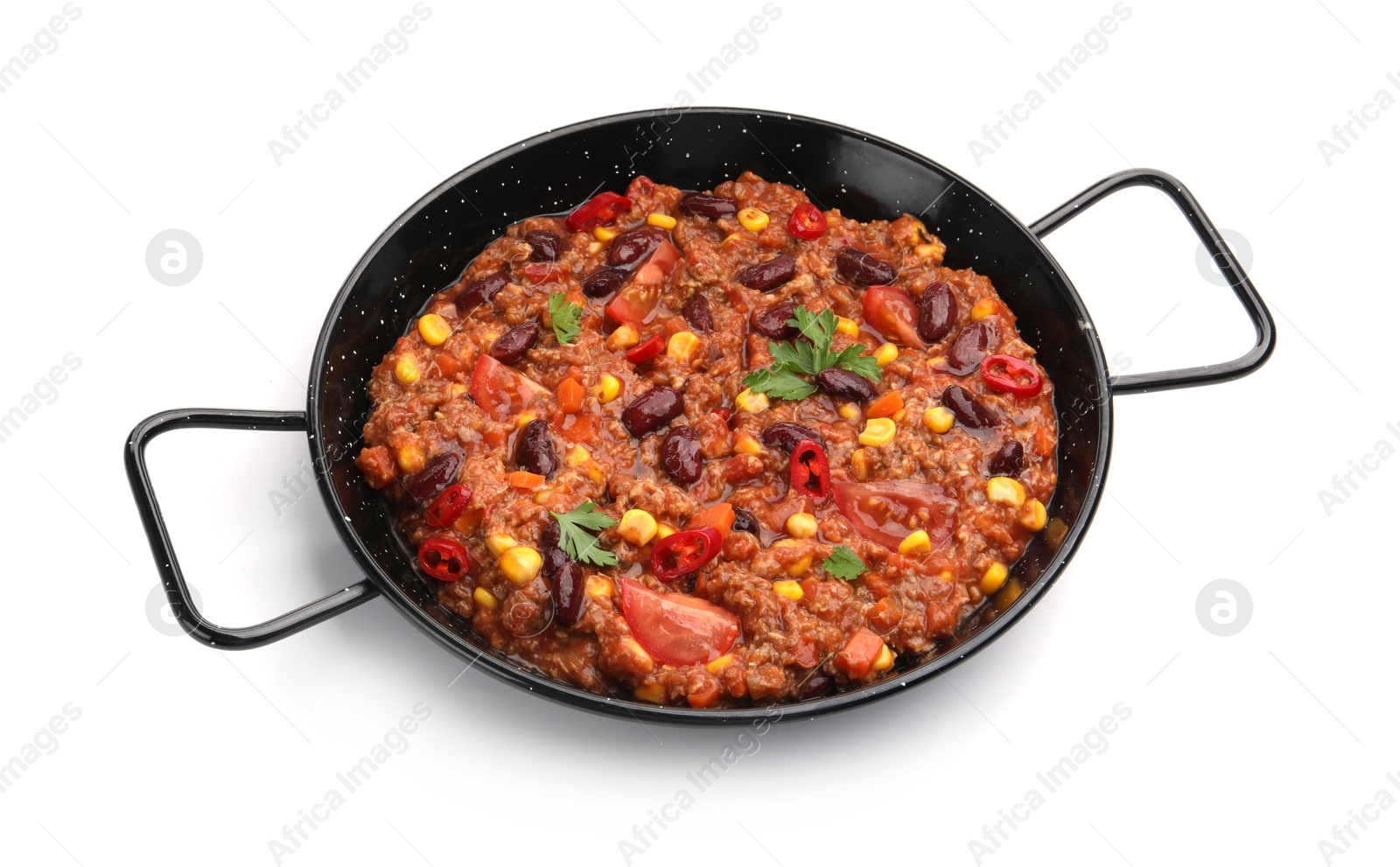 Tasty chili con carne in baking dish isolated on white Photo of Tasty chili con carne in baking dish isolated on white