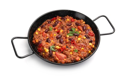 Photo of Tasty chili con carne in baking dish isolated on white