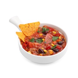 Photo of Tasty chili con carne in bowl and nachos isolated on white