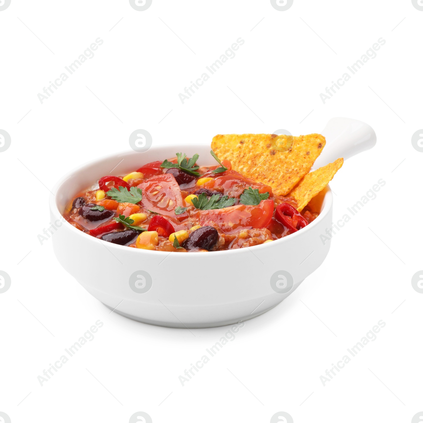 Tasty chili con carne in bowl and nachos isolated on white Photo of Tasty chili con carne in bowl and nachos isolated on white