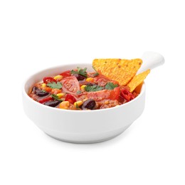 Photo of Tasty chili con carne in bowl and nachos isolated on white
